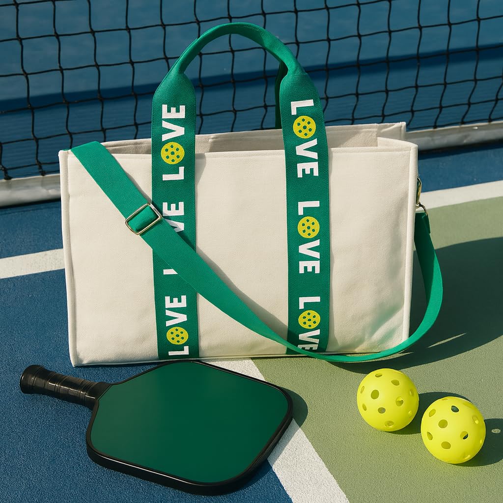 Pickleball Tote Bag Large Capacity Canvas Court Bag Two Zipper Pockets, Stylish Gift for Pickleball Enthusiasts - Ideal Captain Gift! Adjustable Shoulder Strap Sport Utility Bag