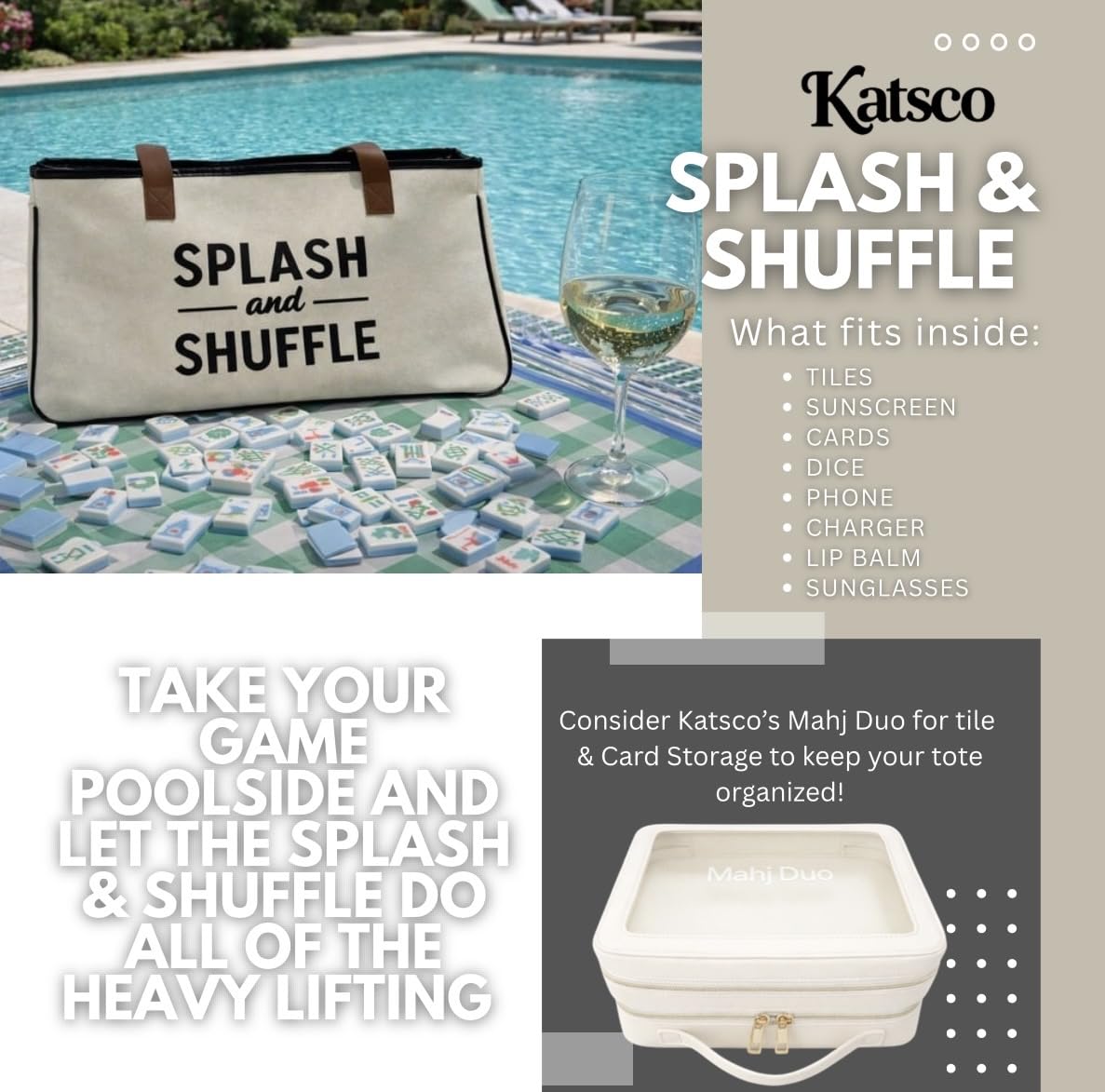Katsco Splash & Shuffle Tote Bag for Women- Water Resistant Mahjong Tote for Pool, Beach and Travel with Zipper Pocket, Durable Multi-Compartment Interior, Large Carry-All for Mahjong Accessories