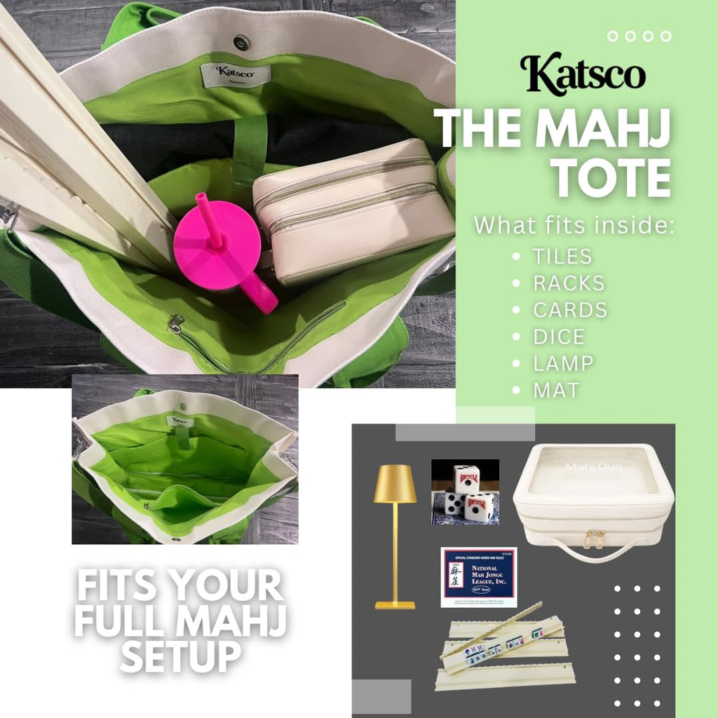 Katsco Mahj Tote-XL Canvas Mahjong Bag for Tile Sets and Racks, Nylon Interior and Zipper Pocket-Luxury Gift for Game Lovers