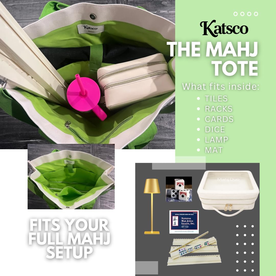 Katsco Mahj Tote-XL Canvas Mahjong Bag for Tile Sets and Racks, Nylon Interior and Zipper Pocket-Luxury Gift for Game Lovers