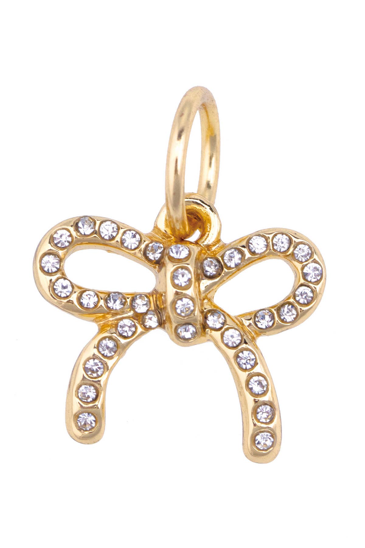 Gold bow-shaped pendant with embedded crystals on a white background