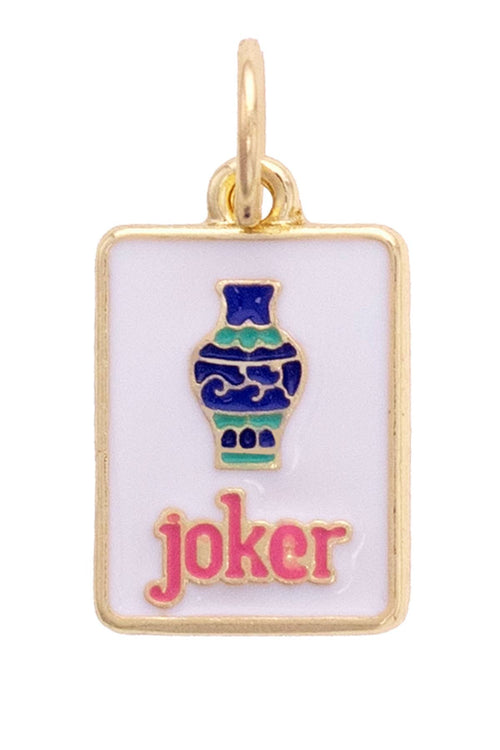 Gold pendant with a blue urn and pink 'joker' text on a white background