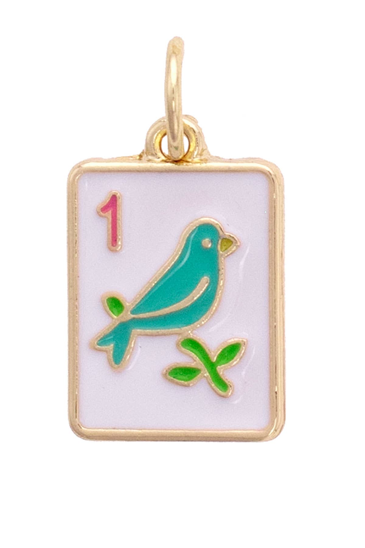 Gold pendant with a green bird design on a white background