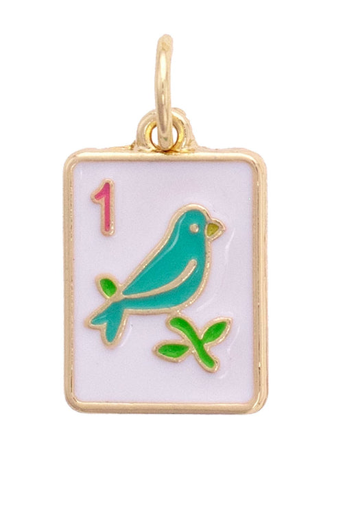 Gold pendant with a green bird design on a white background
