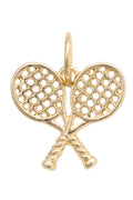 Gold tennis racket charm on a white background