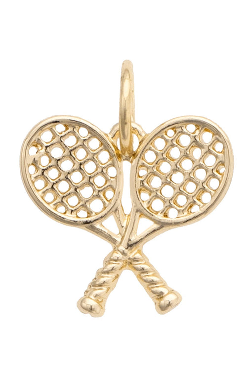 Gold tennis racket charm on a white background