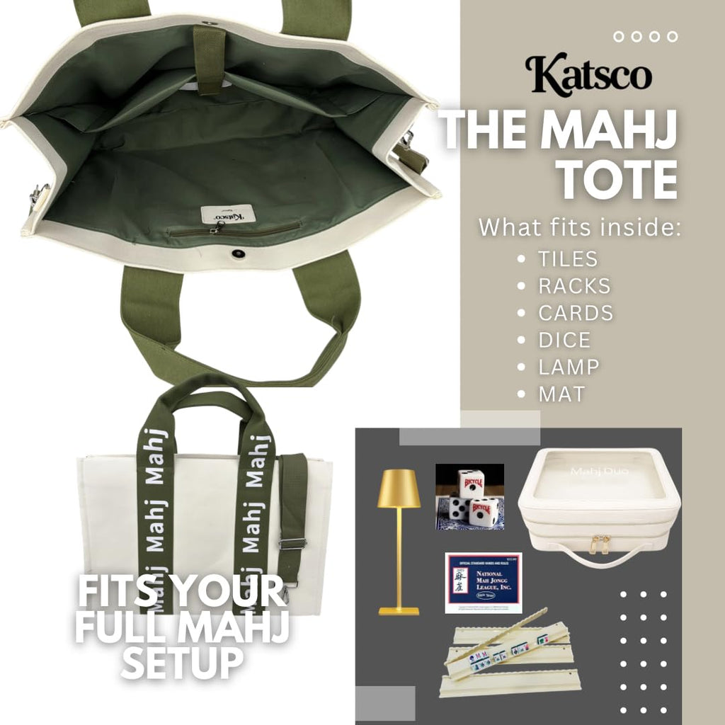 Katsco Mahj Tote-XL Canvas Mahjong Bag for Tile Sets and Racks, Nylon Interior and Zipper Pocket-Luxury Gift for Game Lovers