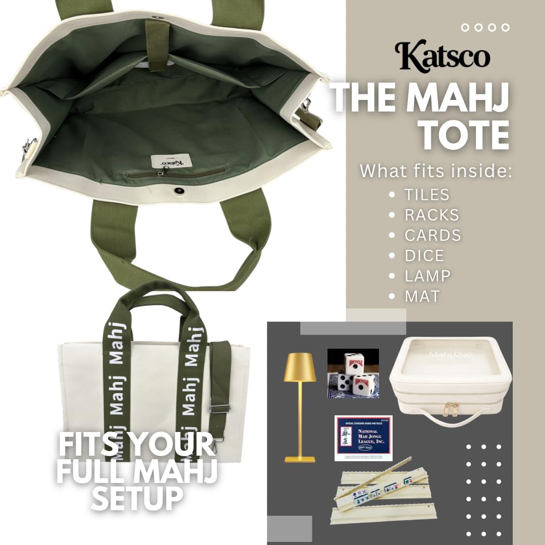 Katsco Mahj Tote-XL Canvas Mahjong Bag for Tile Sets and Racks, Nylon Interior and Zipper Pocket-Luxury Gift for Game Lovers