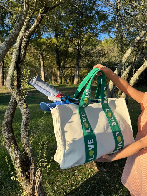 Katsco Tennis Tote- LOVE Tote - Premium Oversized Canvas Court Bag with Interior Zipper Pockets-Holiday Introductory Price - Favorite Gift for Tennis Lovers and Ideal Captain's Gift