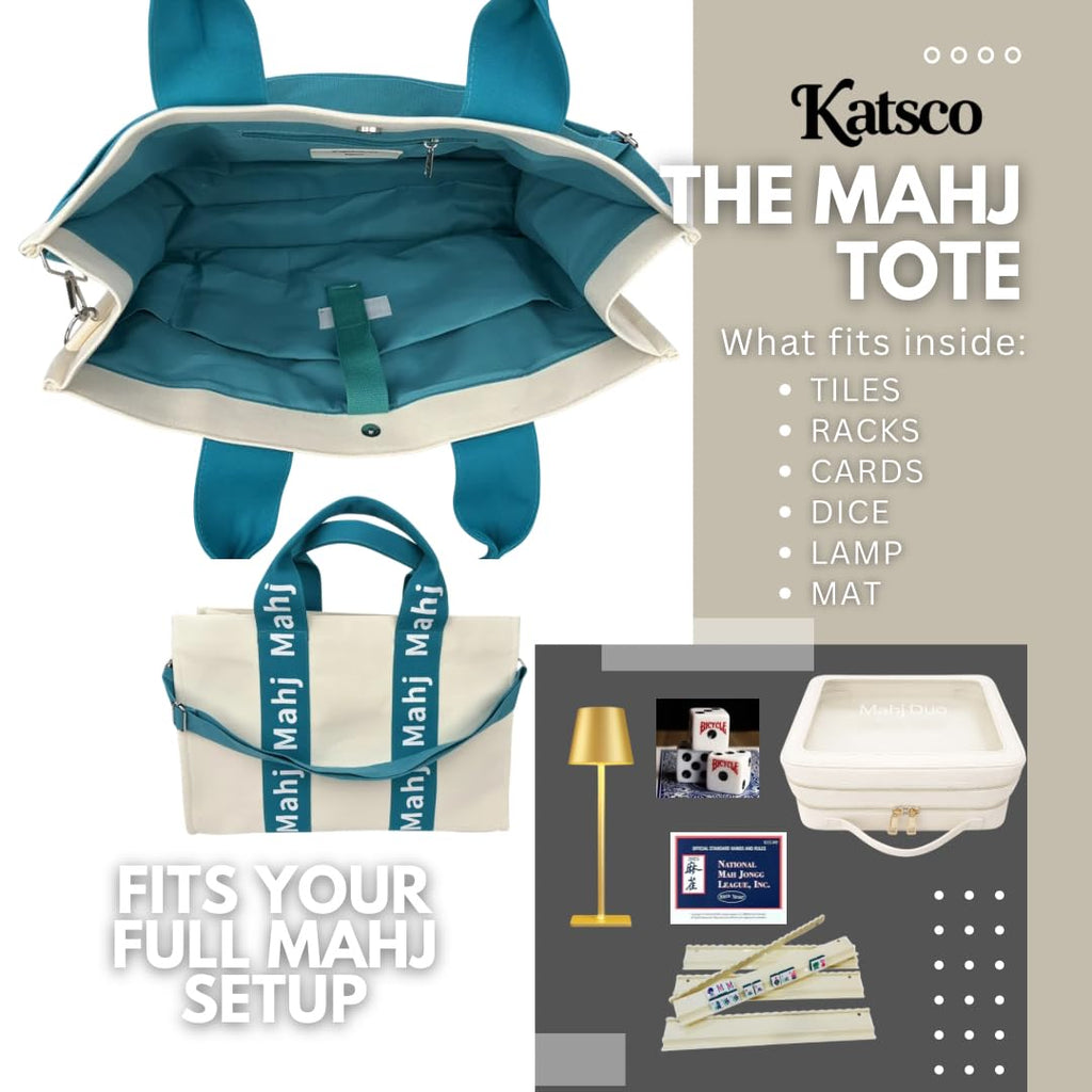 Katsco Mahj Tote-XL Canvas Mahjong Bag for Tile Sets and Racks, Nylon Interior and Zipper Pocket-Luxury Gift for Game Lovers