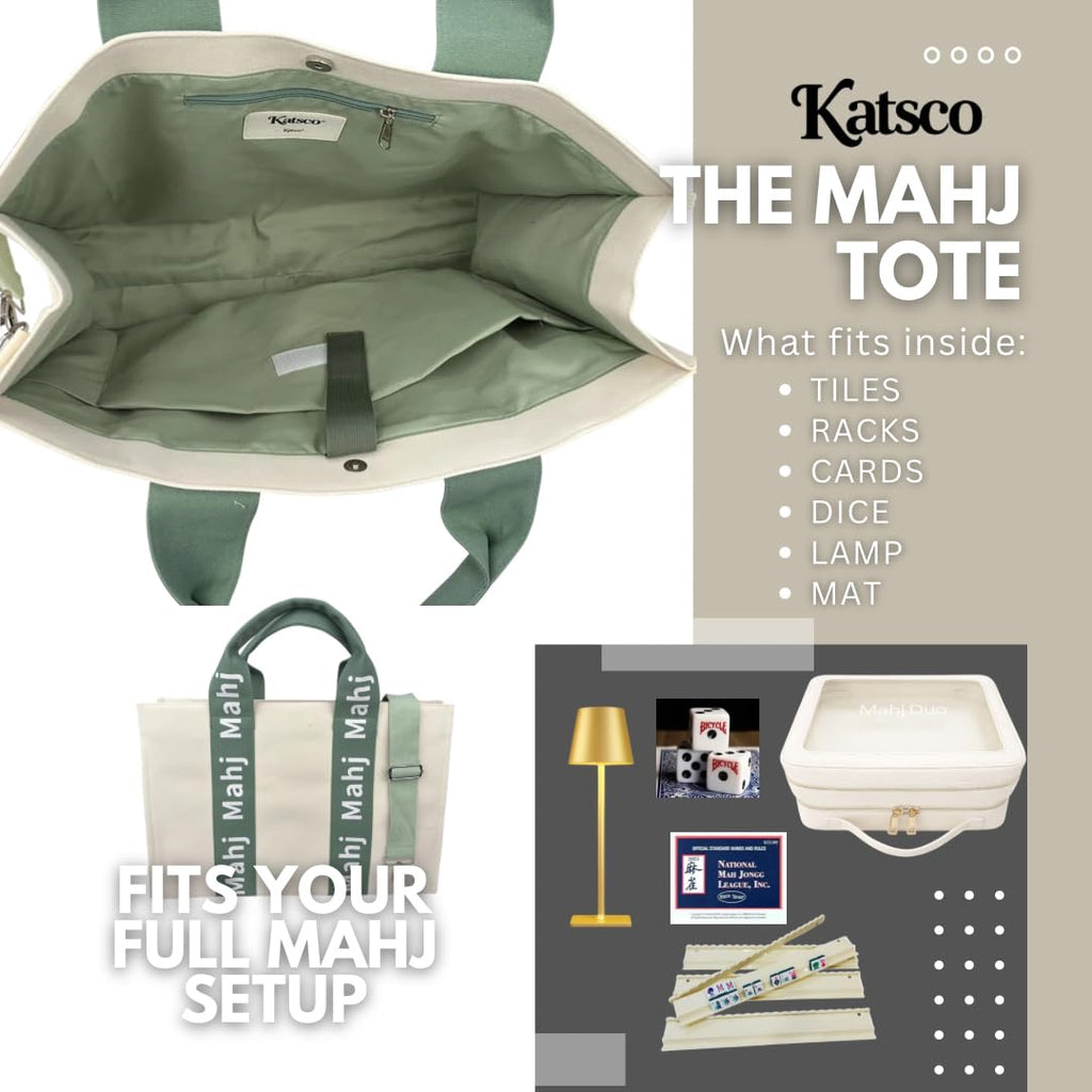 Katsco Mahj Tote-XL Canvas Mahjong Bag for Tile Sets and Racks, Nylon Interior and Zipper Pocket-Luxury Gift for Game Lovers