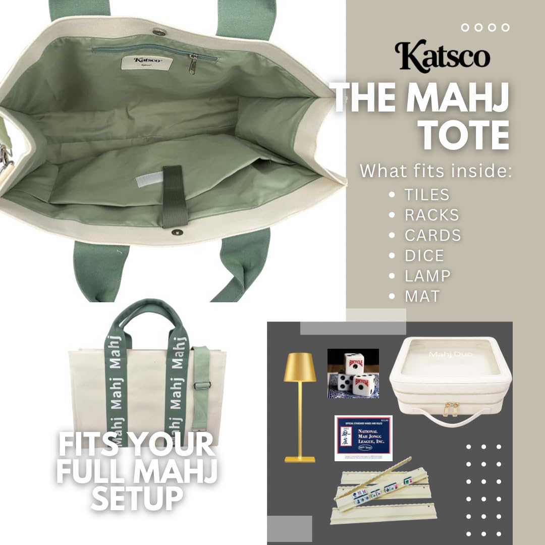 Katsco Mahj Tote-XL Canvas Mahjong Bag for Tile Sets and Racks, Nylon Interior and Zipper Pocket-Luxury Gift for Game Lovers