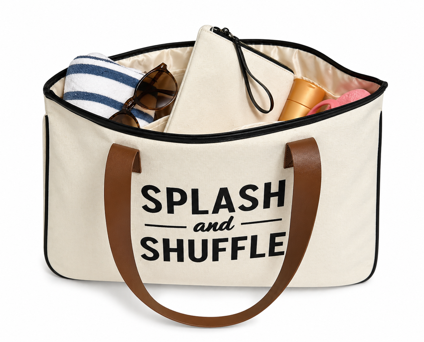 Beige tote bag with 'Splash and Shuffle' text, sunglasses, and beach items on a white background