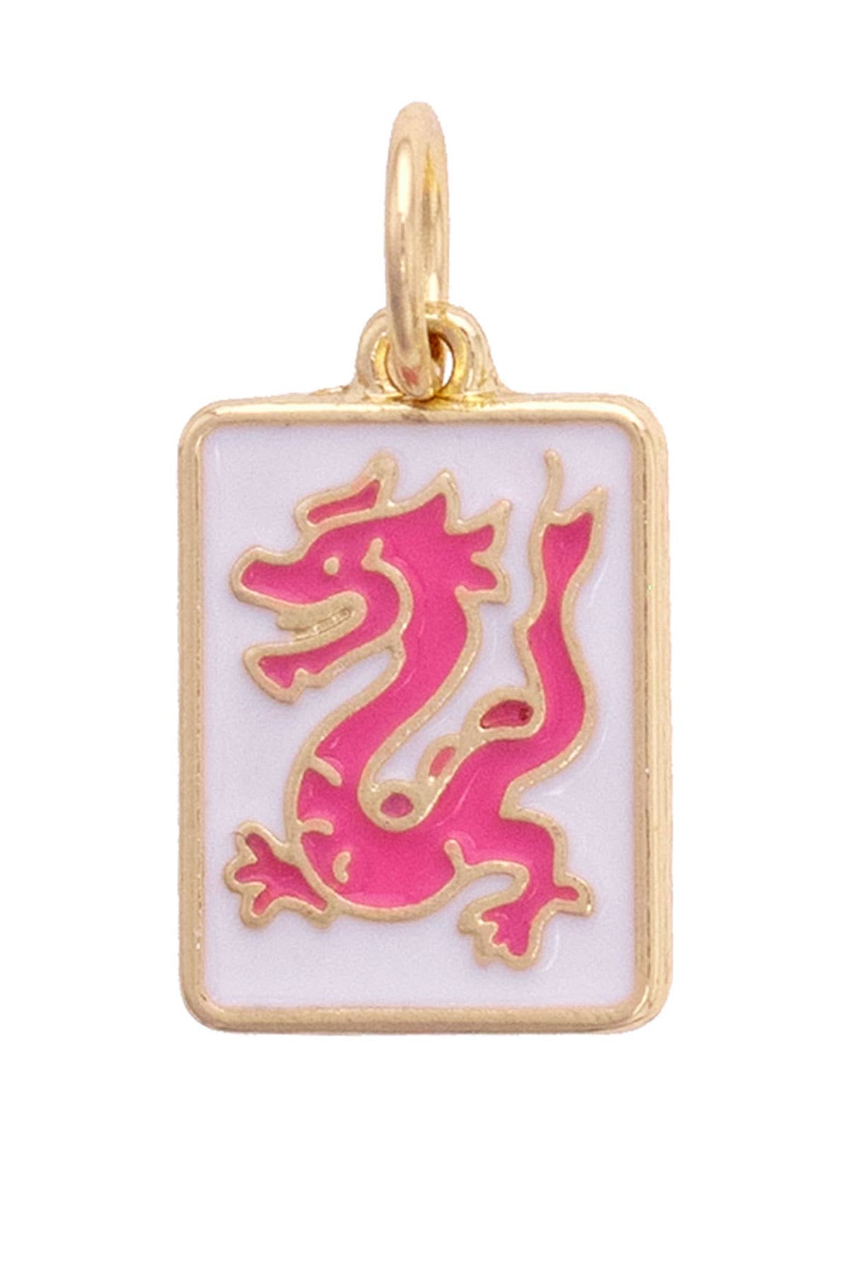Gold pendant with pink dragon design on a white background