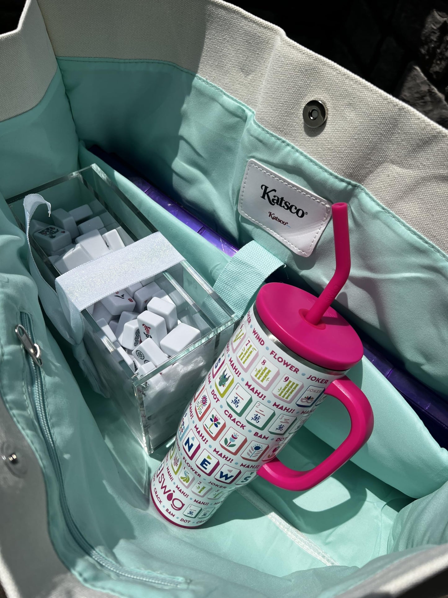 Mahjong Bag Preppy Canvas Tote Mahj Tiles Racks & Cards Trendy Mahjongg Lovers Gift
