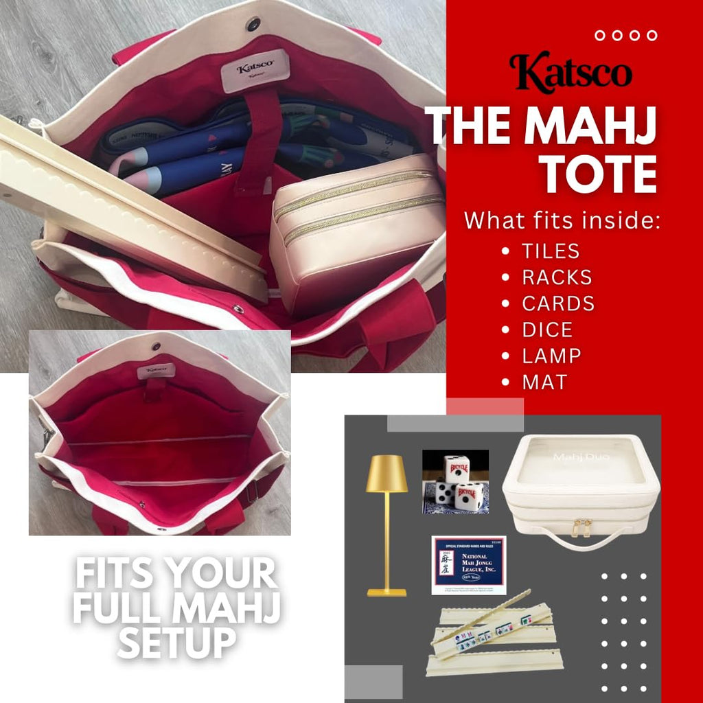 Katsco Mahj Tote-XL Canvas Mahjong Bag for Tile Sets and Racks, Nylon Interior and Zipper Pocket-Luxury Gift for Game Lovers