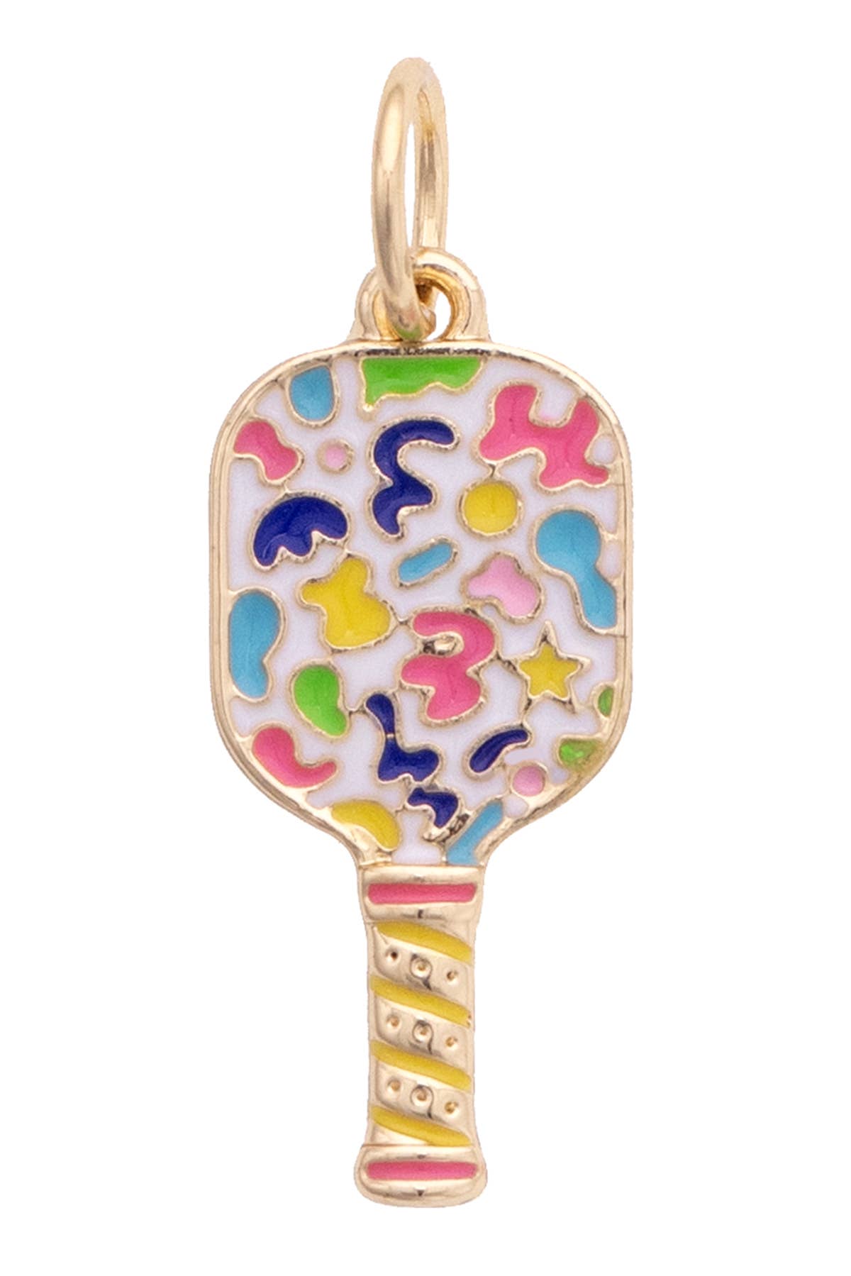 Colorful paddle charm with cartoon character designs on a white background