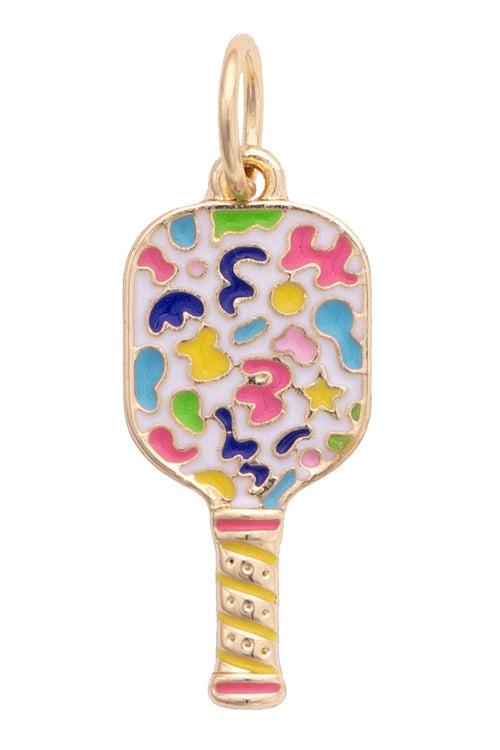 Colorful paddle charm with cartoon character designs on a white background