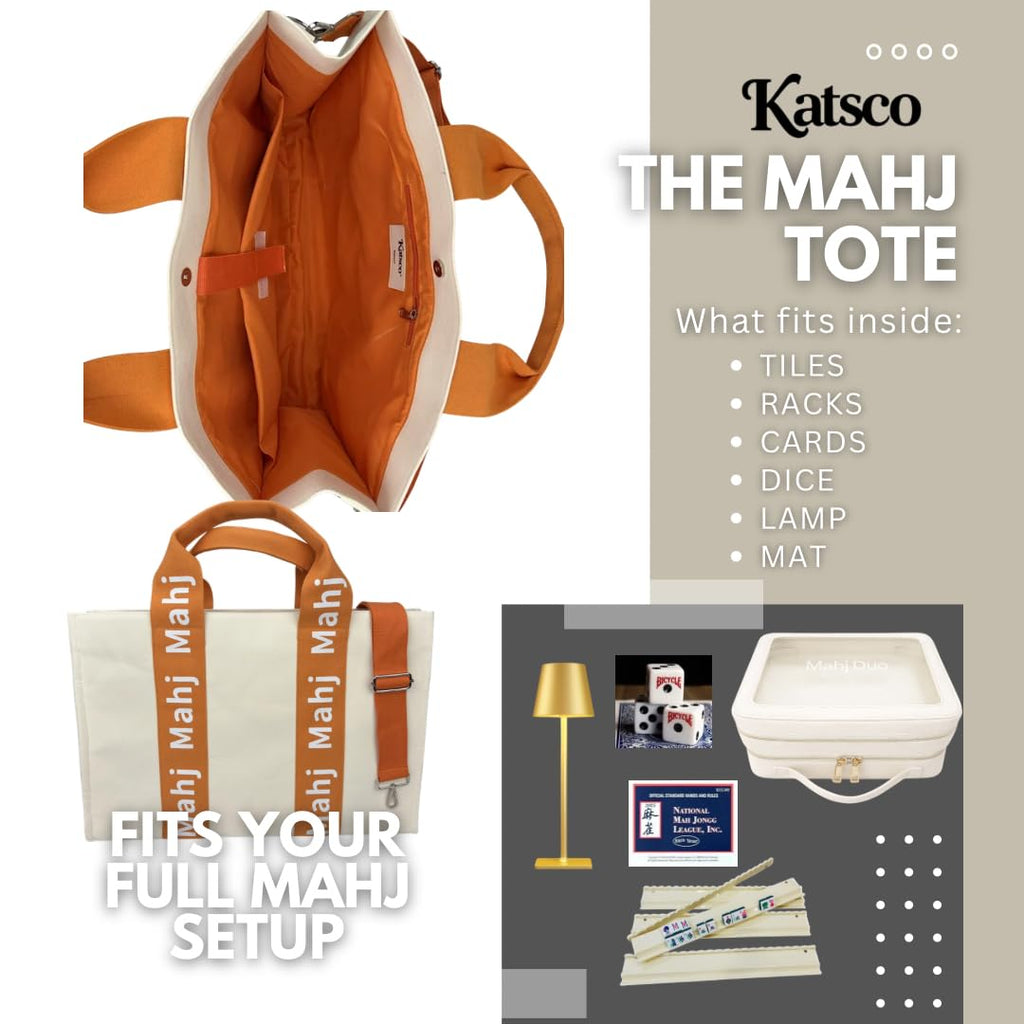Katsco Mahj Tote-XL Canvas Mahjong Bag for Tile Sets and Racks, Nylon Interior and Zipper Pocket-Luxury Gift for Game Lovers