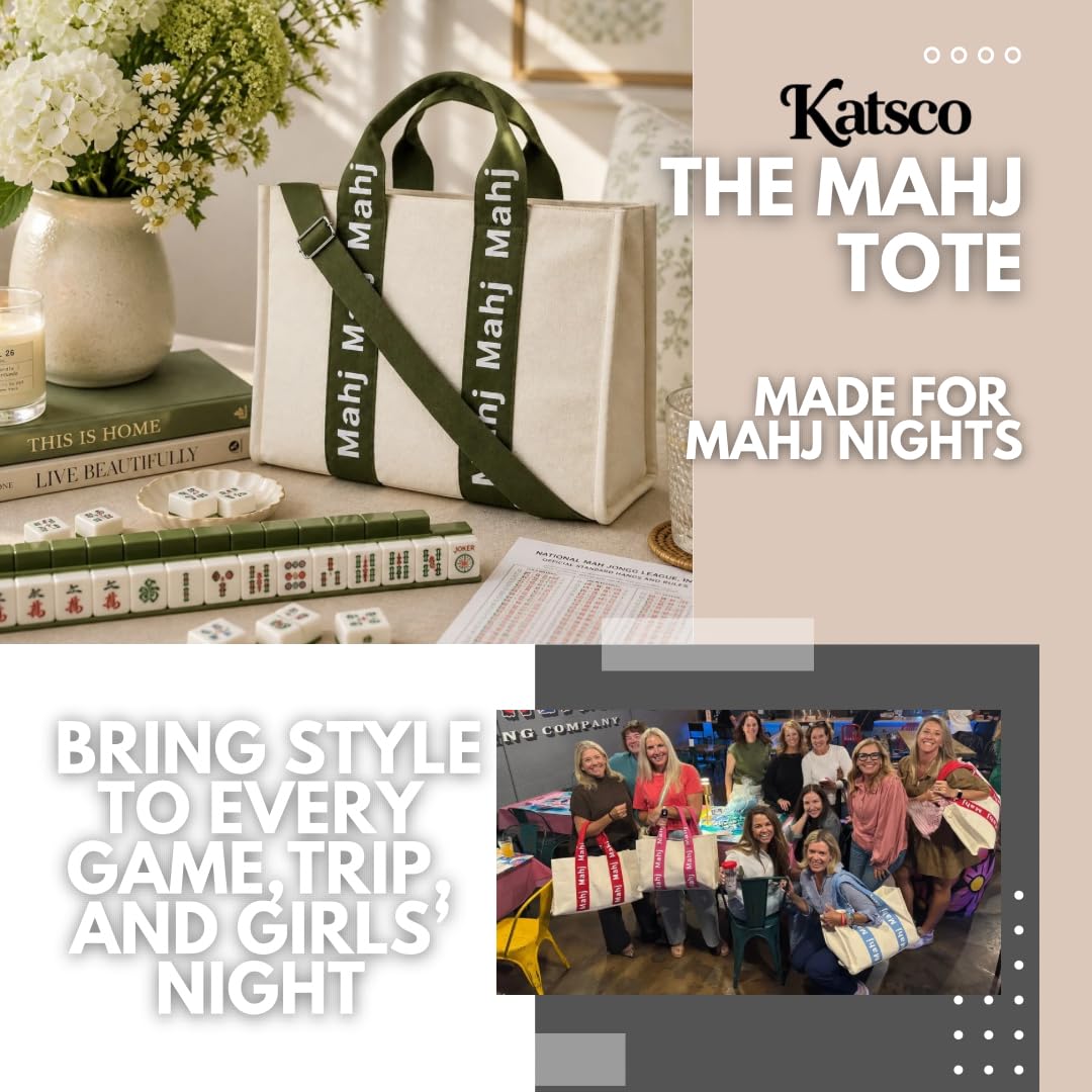 Katsco Mahj Tote-XL Canvas Mahjong Bag for Tile Sets and Racks, Nylon Interior and Zipper Pocket-Luxury Gift for Game Lovers