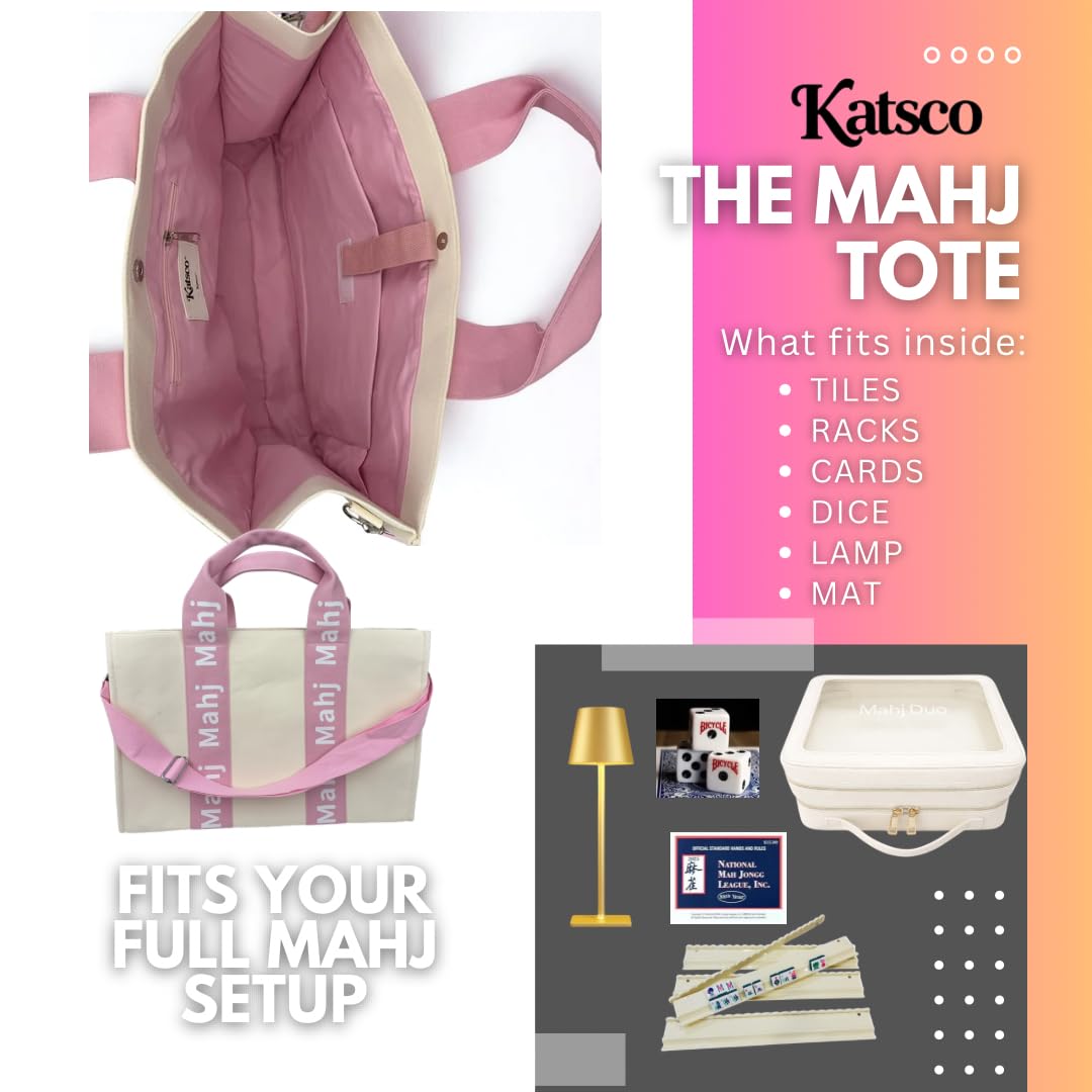 Katsco Mahj Tote-XL Canvas Mahjong Bag for Tile Sets and Racks, Nylon Interior and Zipper Pocket-Luxury Gift for Game Lovers