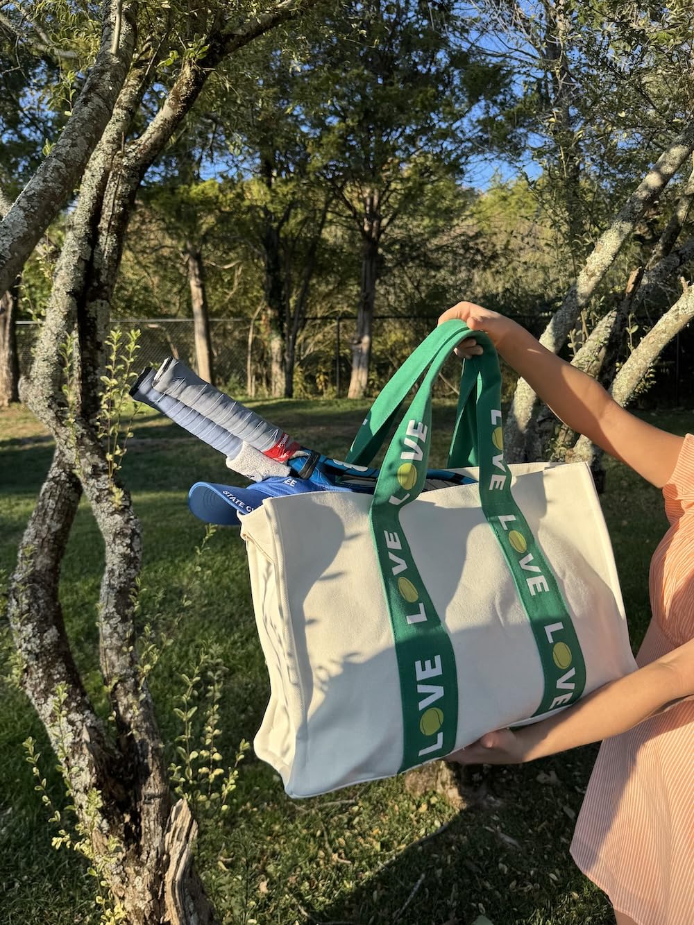 Katsco Tennis Tote- LOVE Tote - Premium Oversized Canvas Court Bag with Interior Zipper Pockets. Introductory Price - Favorite for Tennis Friends, Players and Captains.
