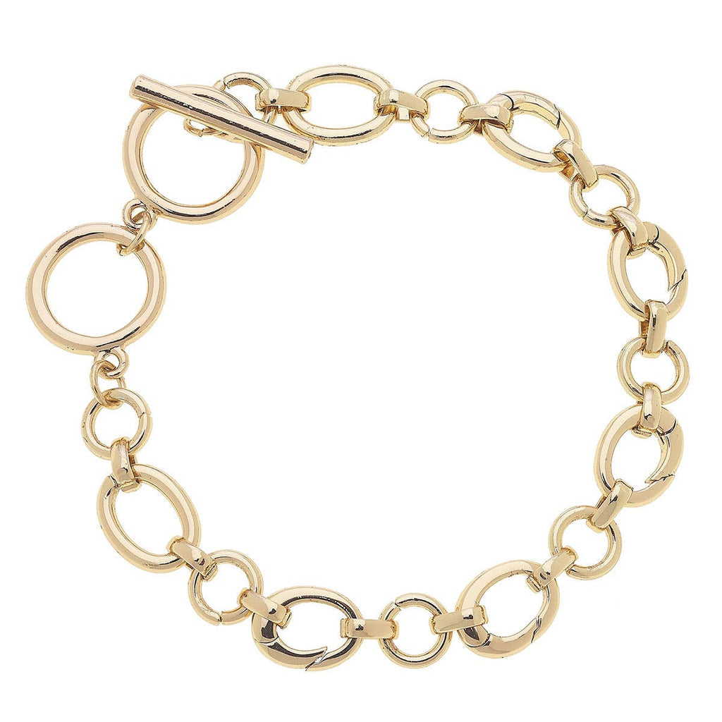 Gold chain bracelet with a clasp on a white background
