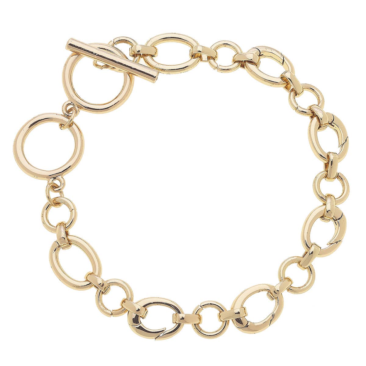 Gold chain bracelet with a clasp on a white background