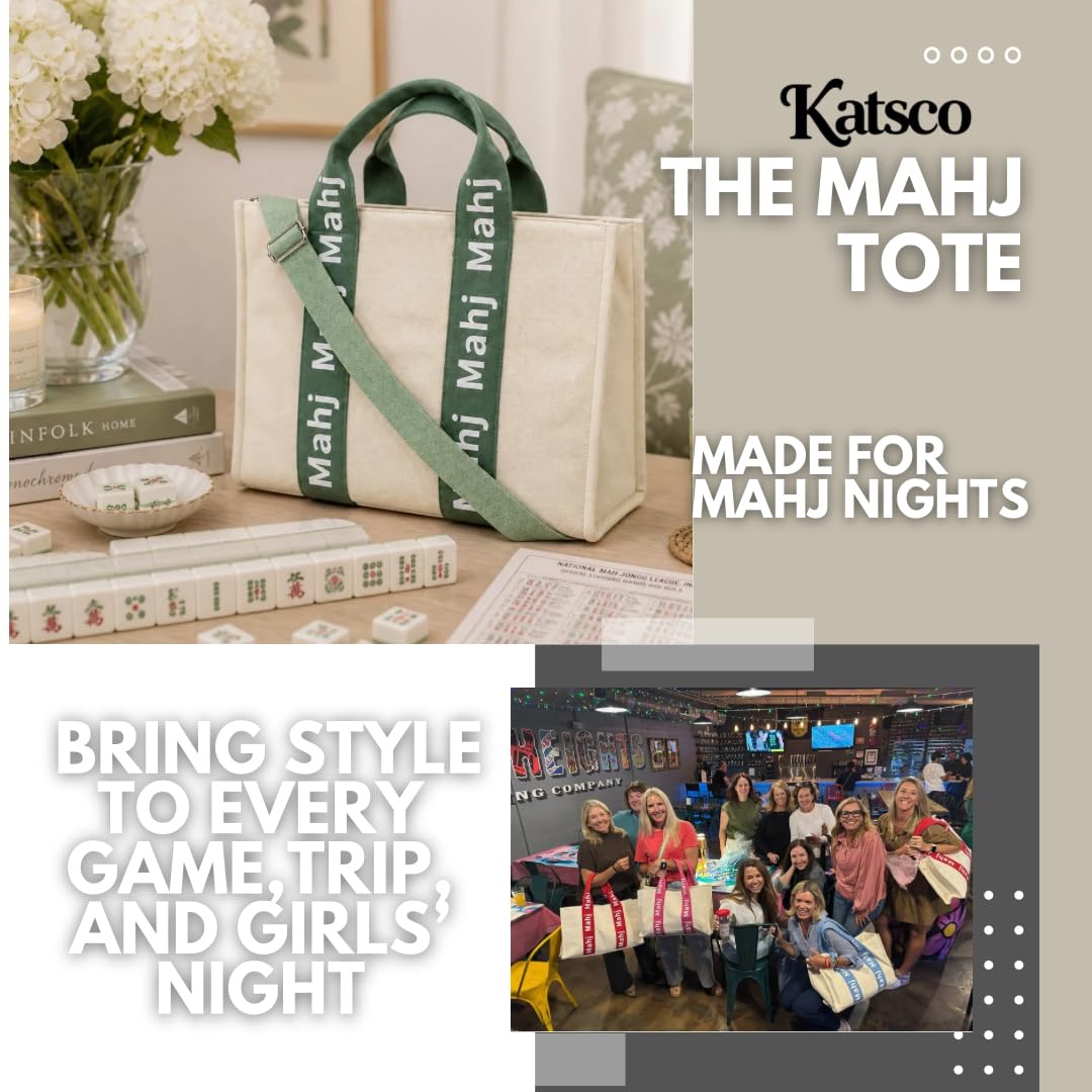 Katsco Mahj Tote-XL Canvas Mahjong Bag for Tile Sets and Racks, Nylon Interior and Zipper Pocket-Luxury Gift for Game Lovers