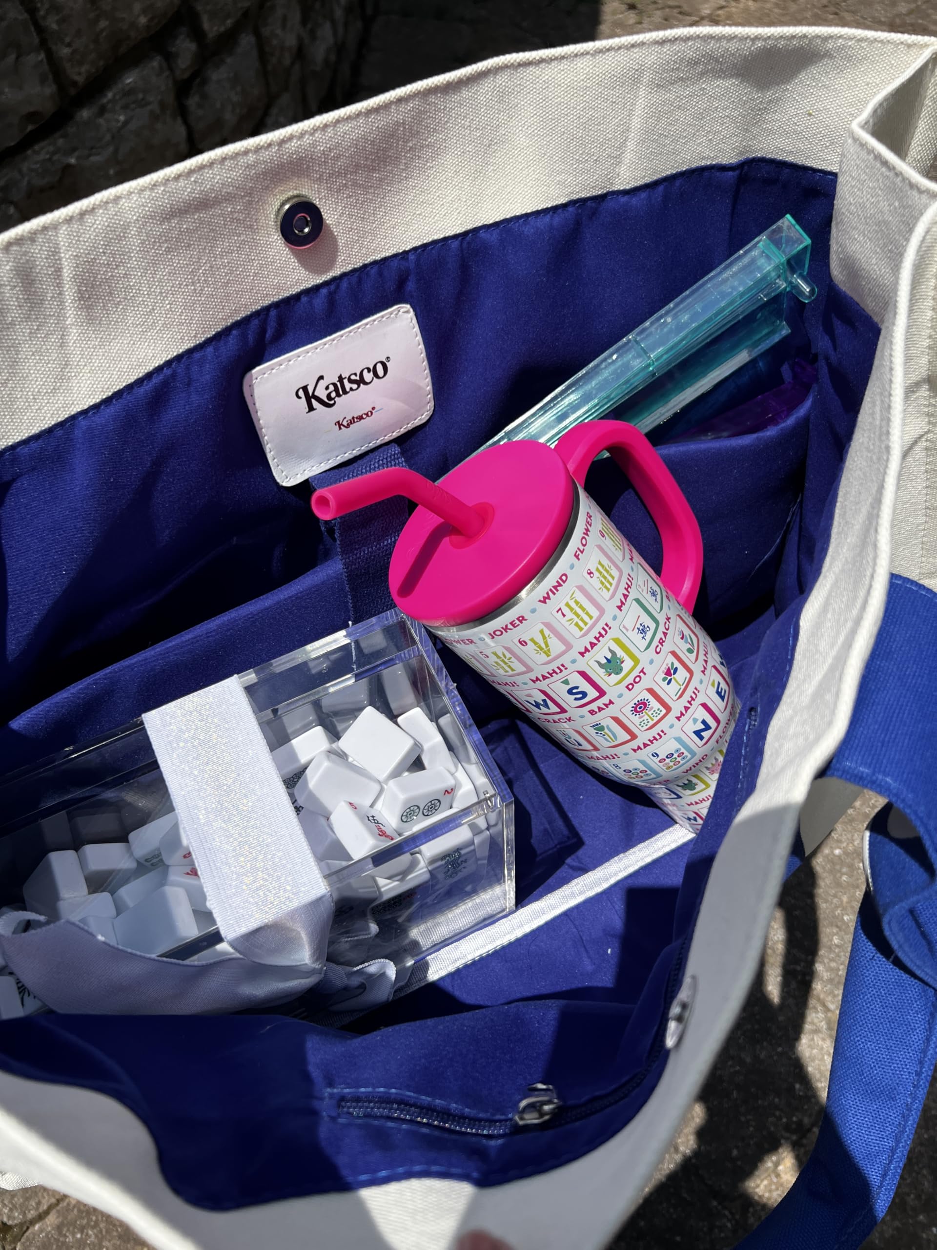 Mahjong Bag Preppy Canvas Tote Mahj Tiles Racks & Cards Tennis Pickleball gift