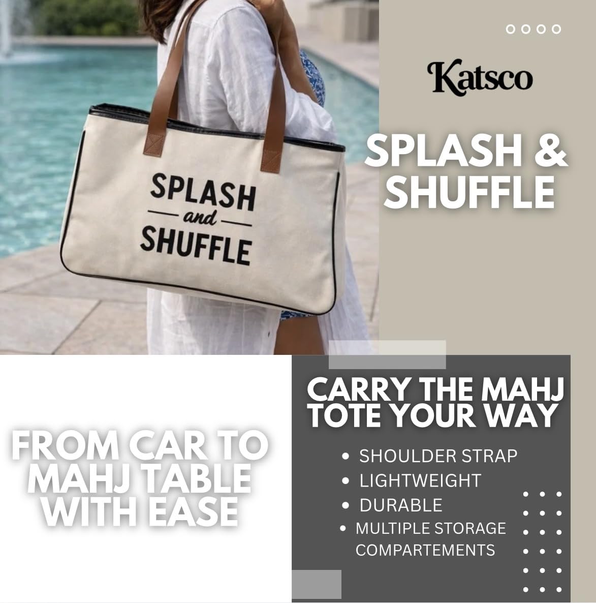 Katsco Splash & Shuffle Tote Bag for Women- Water Resistant Mahjong Tote for Pool, Beach and Travel with Zipper Pocket, Durable Multi-Compartment Interior, Large Carry-All for Mahjong Accessories